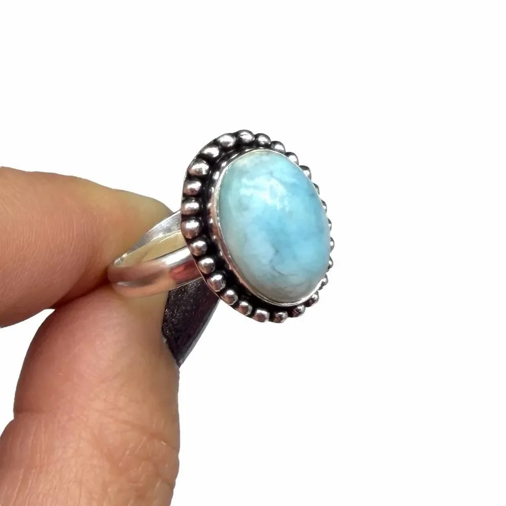 Larimar Ring Size 10 925 Sterling Silver Overlay Natural Stone Blue Oval Boho - Picture 5 of 9